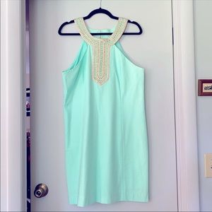 Lilly Pulitzer seafoam sheath with gold beading 14